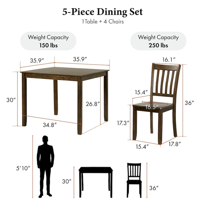 Denhour DH Basic Traditional Solid Wood 5-Piece Dining Set 2