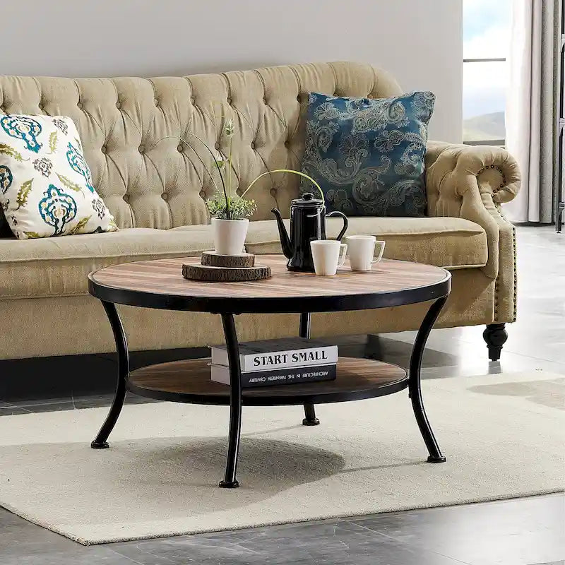 Myhozm Industrial Round Metal Coffee Table with Shelf – Perfect for Living Room, Home Office, and Bedroom 16