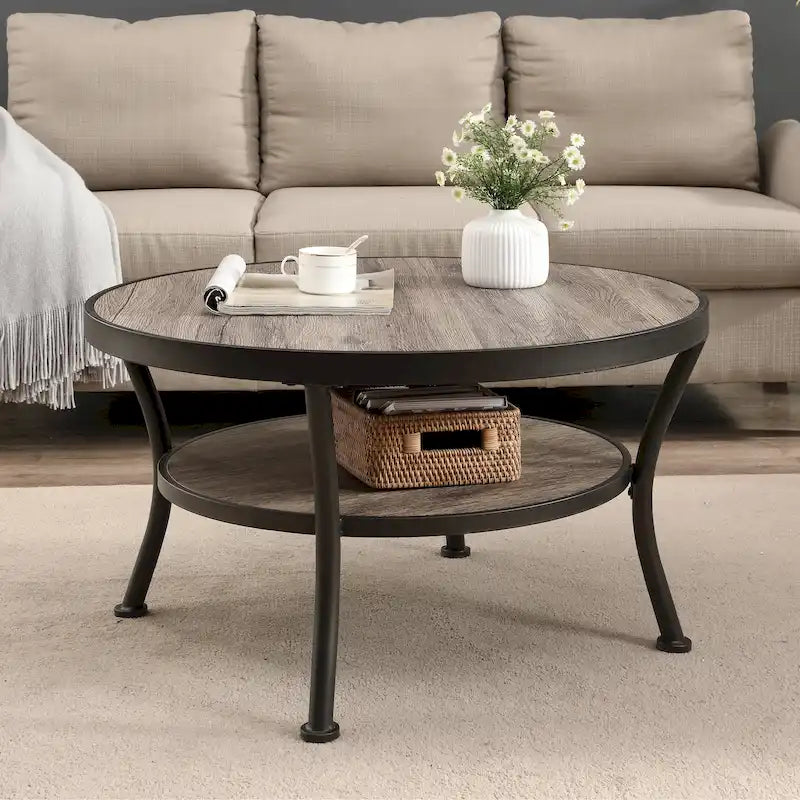 Myhozm Industrial Round Metal Coffee Table with Shelf – Perfect for Living Room, Home Office, and Bedroom 17