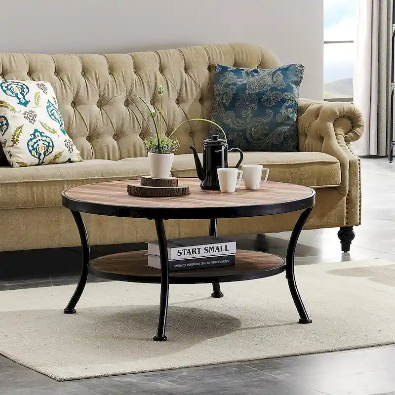 Myhozm Industrial Round Metal Coffee Table with Shelf – Perfect for Living Room, Home Office, and Bedroom 1