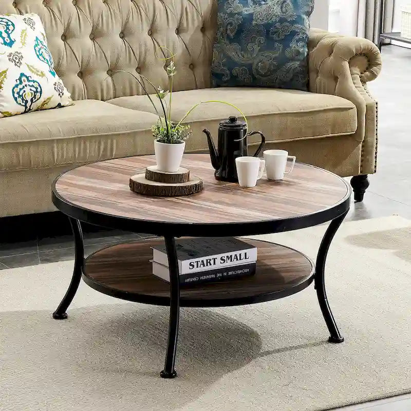 Myhozm Industrial Round Metal Coffee Table with Shelf – Perfect for Living Room, Home Office, and Bedroom 2