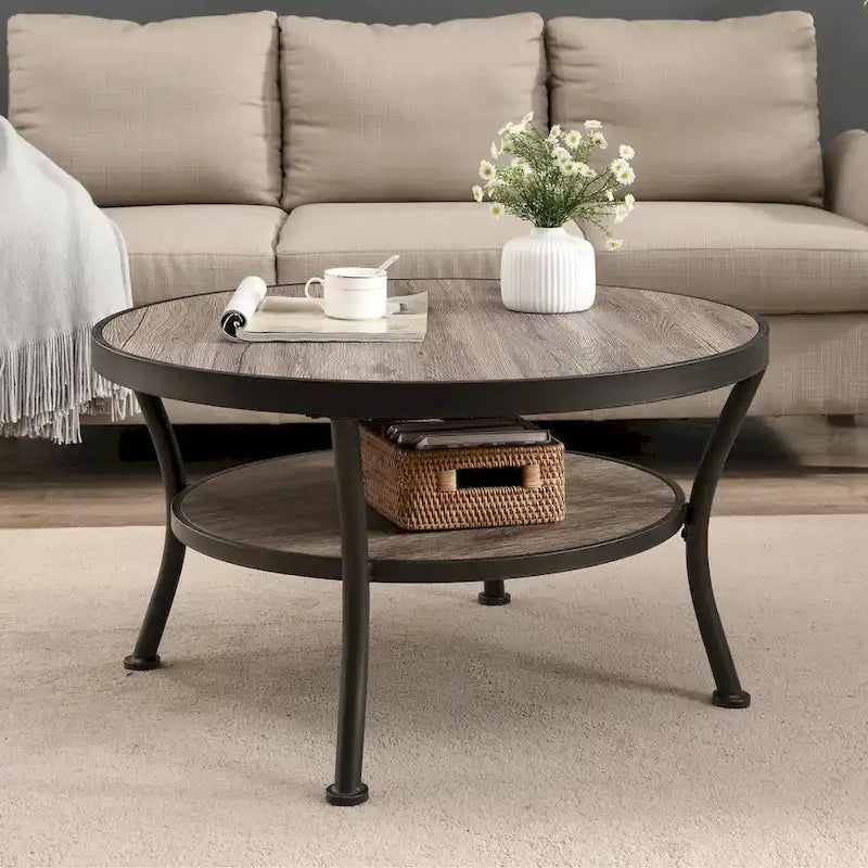 Myhozm Industrial Round Metal Coffee Table with Shelf – Perfect for Living Room, Home Office, and Bedroom 3