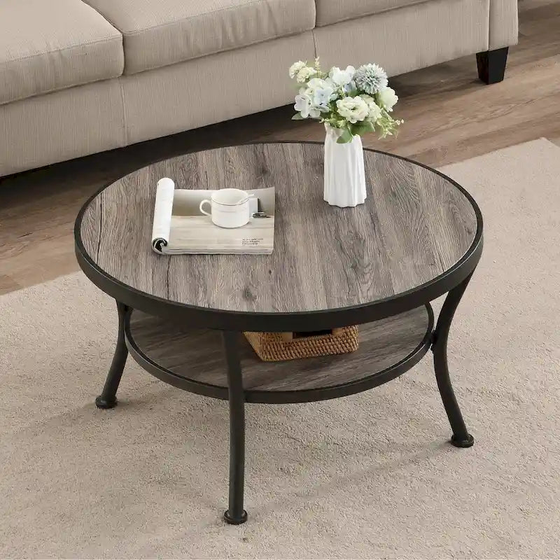 Myhozm Industrial Round Metal Coffee Table with Shelf – Perfect for Living Room, Home Office, and Bedroom 4