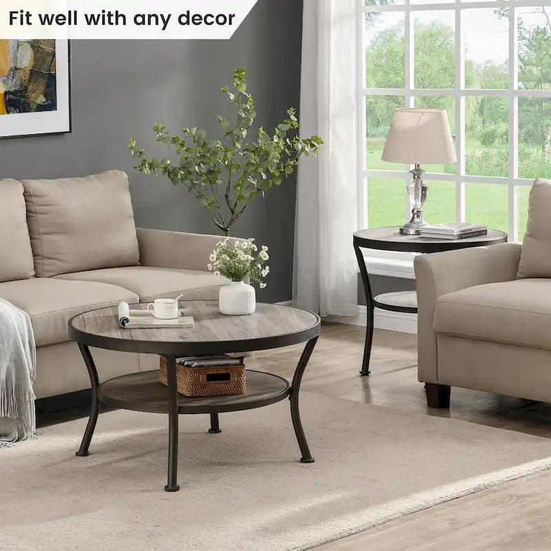 Myhozm Industrial Round Metal Coffee Table with Shelf – Perfect for Living Room, Home Office, and Bedroom 5