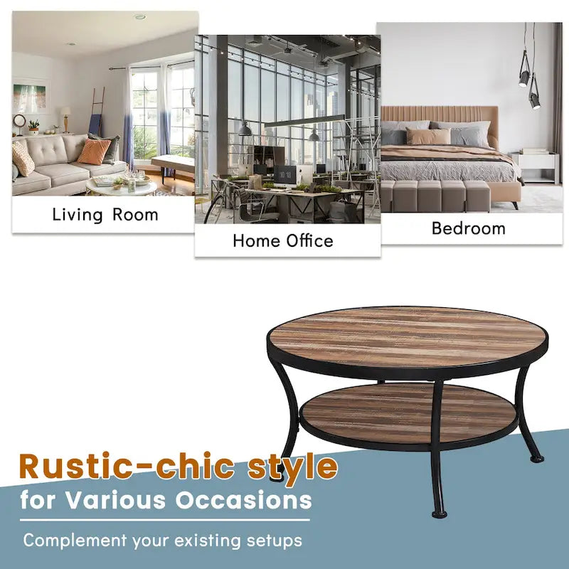 Myhozm Industrial Round Metal Coffee Table with Shelf – Perfect for Living Room, Home Office, and Bedroom 8