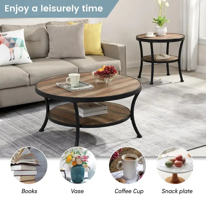 Myhozm Industrial Round Metal Coffee Table with Shelf – Perfect for Living Room, Home Office, and Bedroom 10