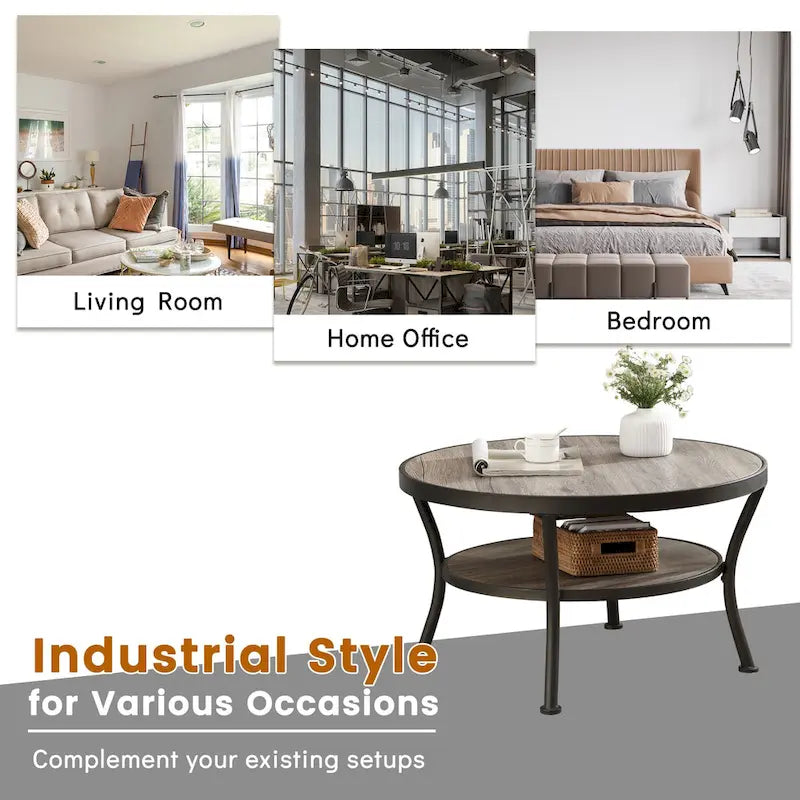 Myhozm Industrial Round Metal Coffee Table with Shelf – Perfect for Living Room, Home Office, and Bedroom 13