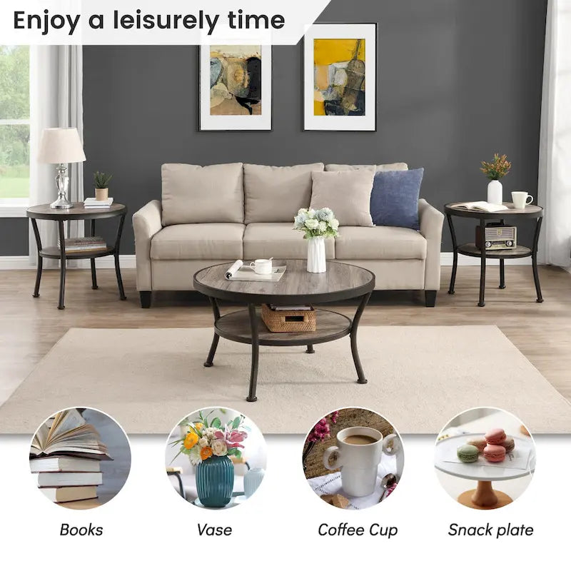 Myhozm Industrial Round Metal Coffee Table with Shelf – Perfect for Living Room, Home Office, and Bedroom 15