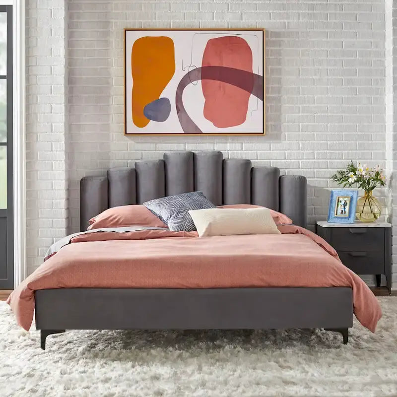 Lifestorey Modern Queen Platform Bed with Stark Velvet Upholstery 1
