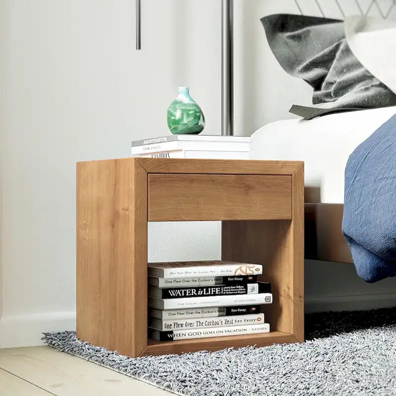 Solid Oak Scandinavian Floating Nightstand with Drawer - Stylish Bedroom Side Table 10