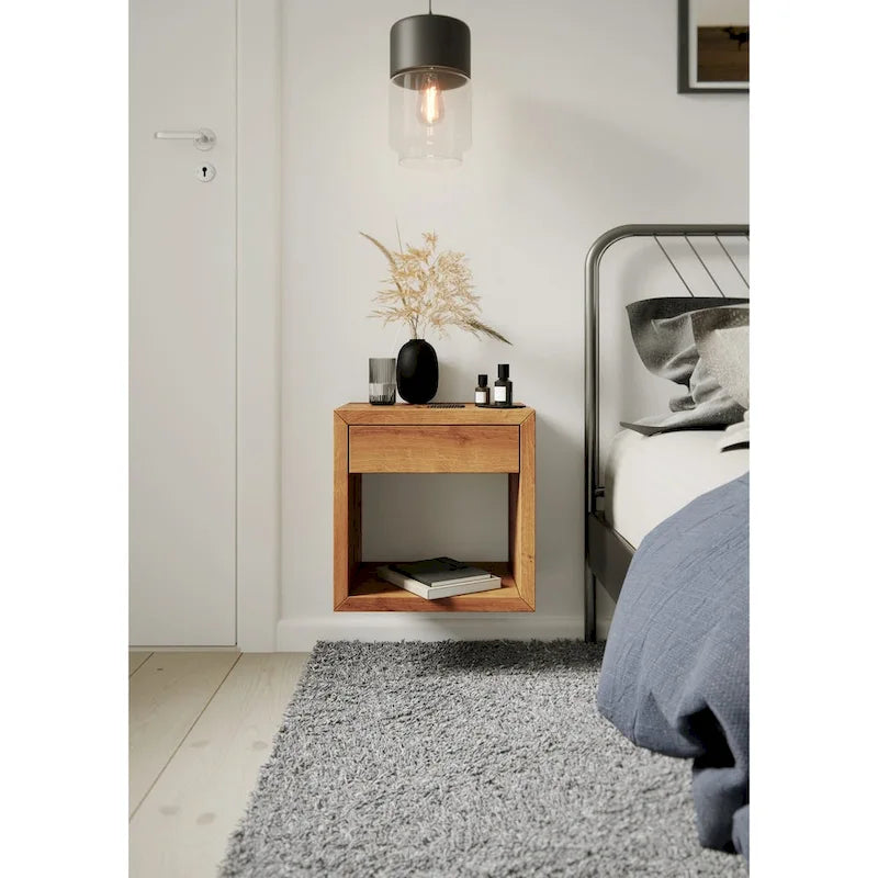 Solid Oak Scandinavian Floating Nightstand with Drawer - Stylish Bedroom Side Table 9