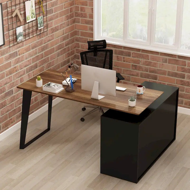 Modern L-Shaped Desk with Storage Cabinet & Drawers 3