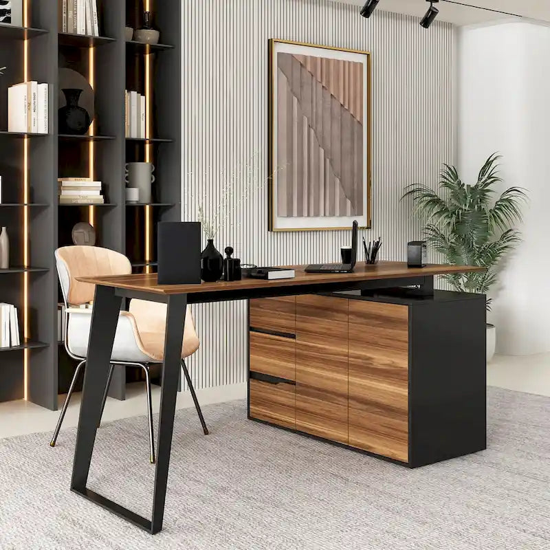 Modern L-Shaped Desk with Storage Cabinet & Drawers 4