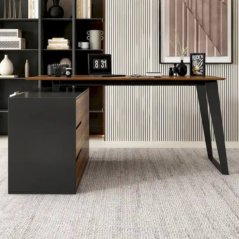 Modern L-Shaped Desk with Storage Cabinet & Drawers 6