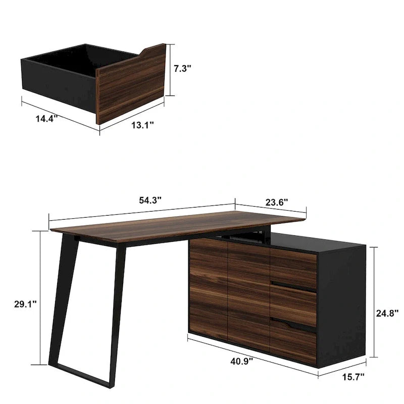 Modern L-Shaped Desk with Storage Cabinet & Drawers 36