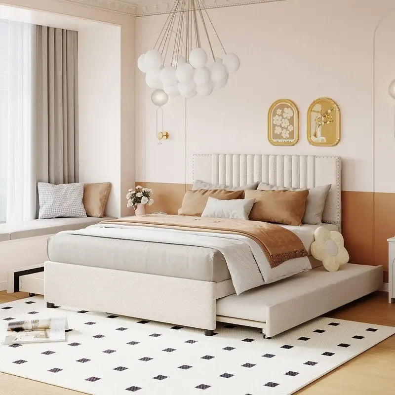 Queen/Full Size Linen Upholstered Platform Bed with 2 Storage Drawers and Trundle 32