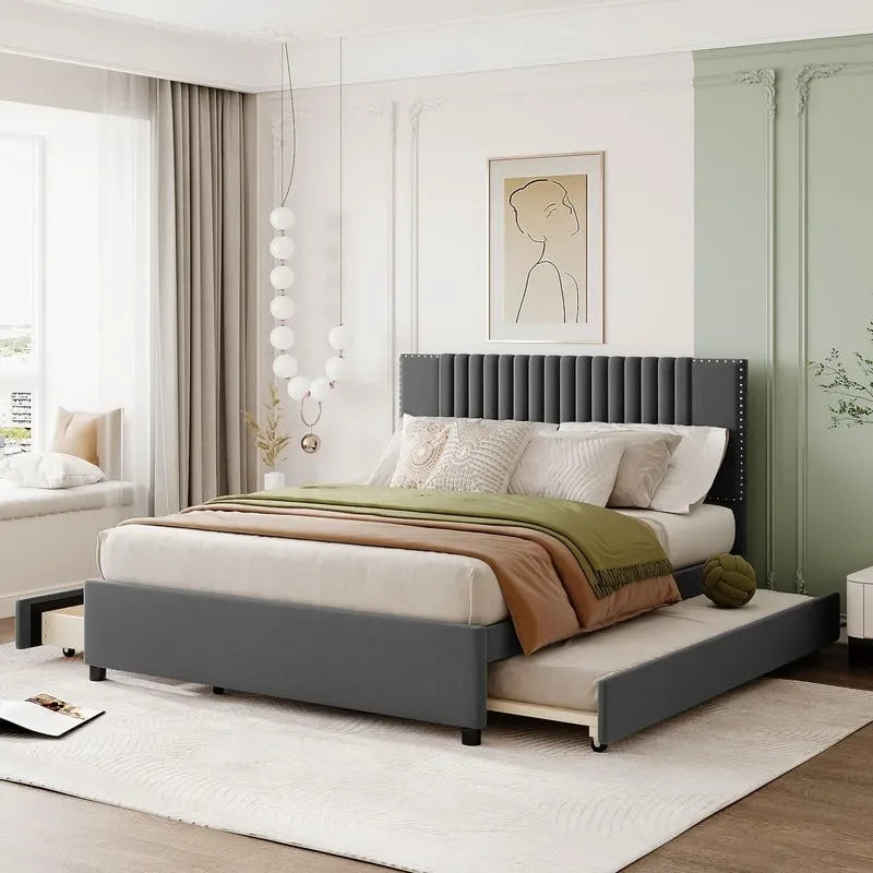 Queen/Full Size Linen Upholstered Platform Bed with 2 Storage Drawers and Trundle 33