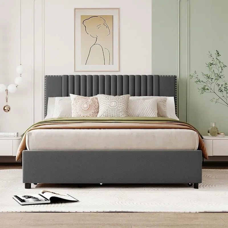 Queen/Full Size Linen Upholstered Platform Bed with 2 Storage Drawers and Trundle 2