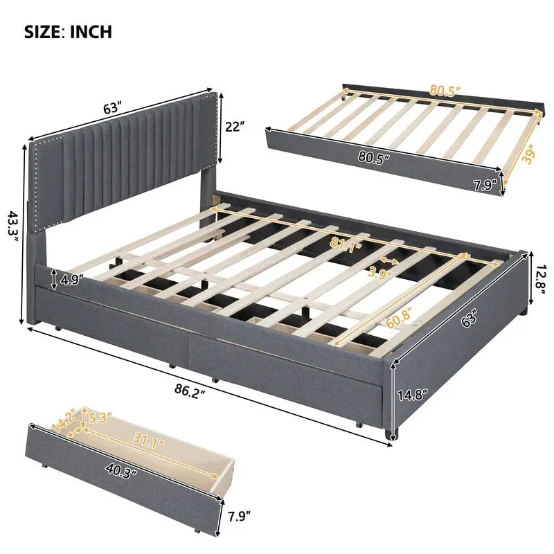 Upholstered Platform Bed with Storage Drawers and Trundle Bed 3