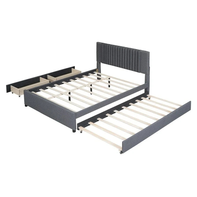 Queen/Full Size Linen Upholstered Platform Bed with 2 Storage Drawers and Trundle 4