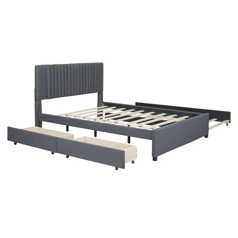 Queen/Full Size Linen Upholstered Platform Bed with 2 Storage Drawers and Trundle 5