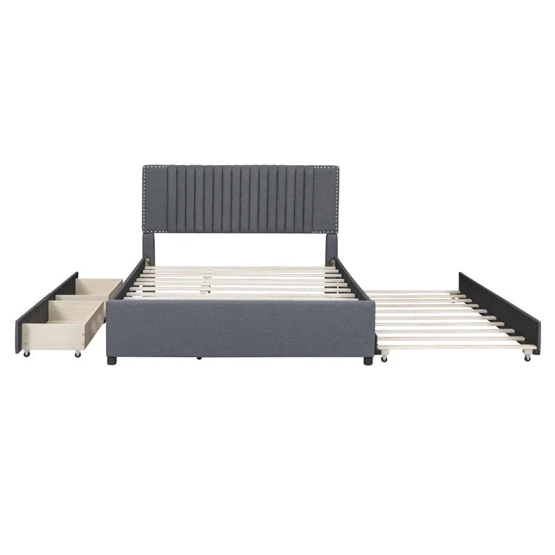 Upholstered Platform Bed with Storage Drawers and Trundle Bed 6