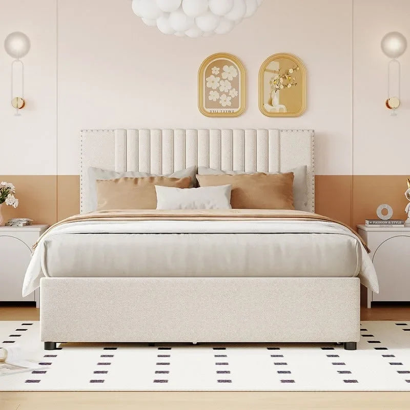 Upholstered Platform Bed with Storage Drawers and Trundle Bed 12