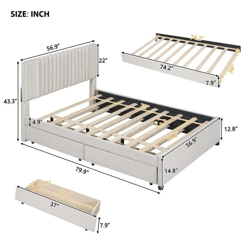 Upholstered Platform Bed with Storage Drawers and Trundle Bed 13