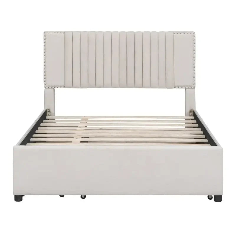 Queen/Full Size Linen Upholstered Platform Bed with 2 Storage Drawers and Trundle 15