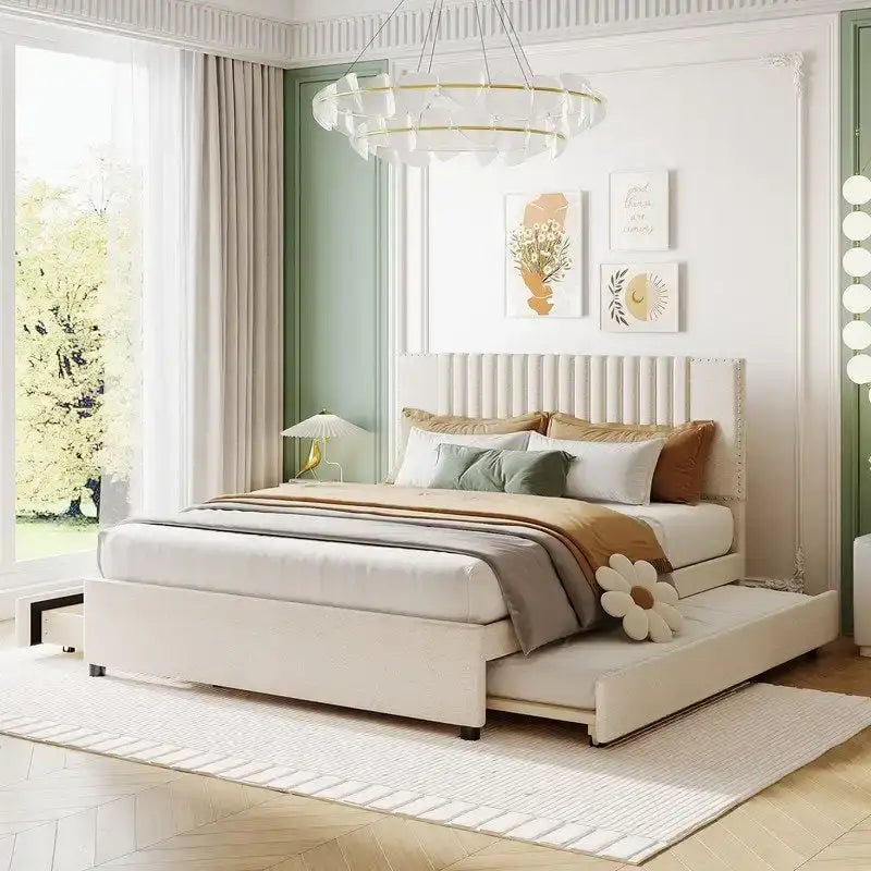 Queen/Full Size Linen Upholstered Platform Bed with 2 Storage Drawers and Trundle 17
