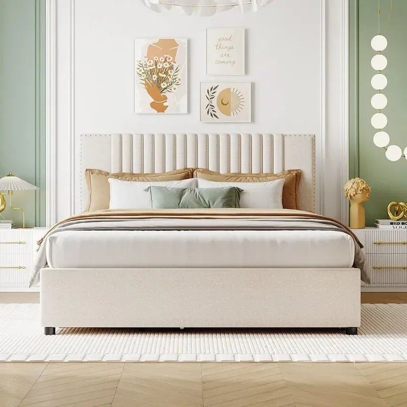 Queen/Full Size Linen Upholstered Platform Bed with 2 Storage Drawers and Trundle 18