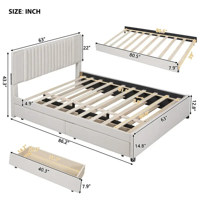 Upholstered Platform Bed with Storage Drawers and Trundle Bed 19