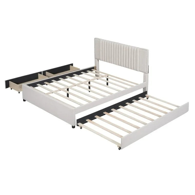 Queen/Full Size Linen Upholstered Platform Bed with 2 Storage Drawers and Trundle 21