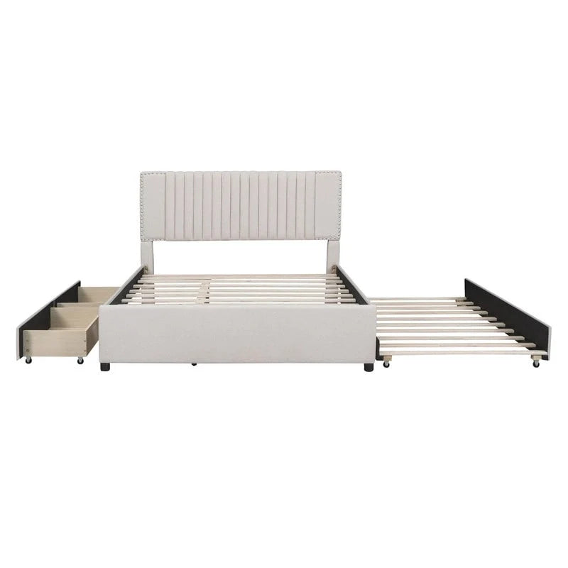 Queen/Full Size Linen Upholstered Platform Bed with 2 Storage Drawers and Trundle 22