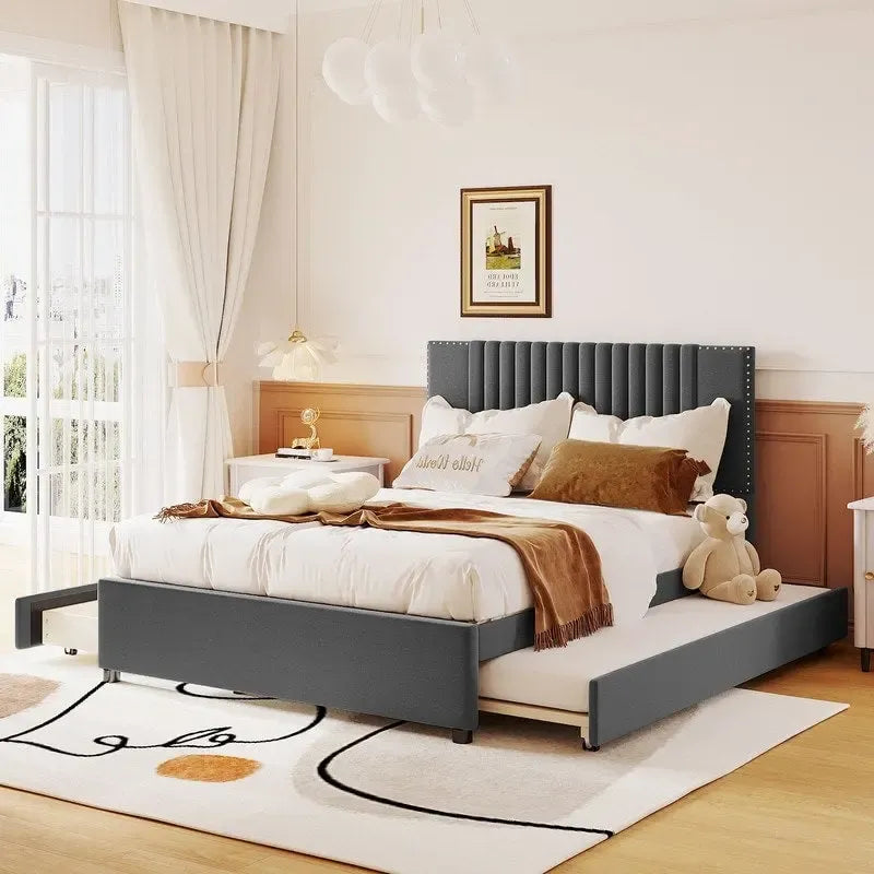 Upholstered Platform Bed with Storage Drawers and Trundle Bed 26