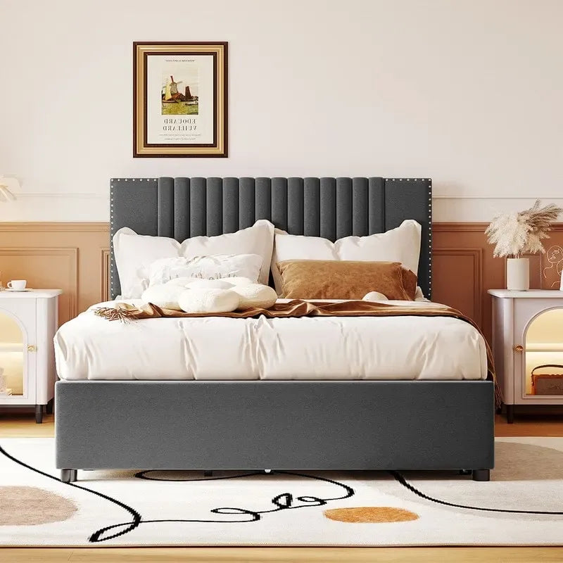 Upholstered Platform Bed with Storage Drawers and Trundle Bed 27