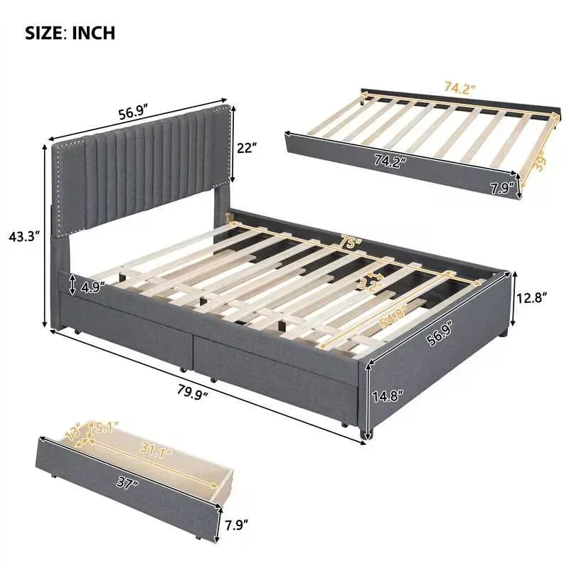 Upholstered Platform Bed with Storage Drawers and Trundle Bed 28