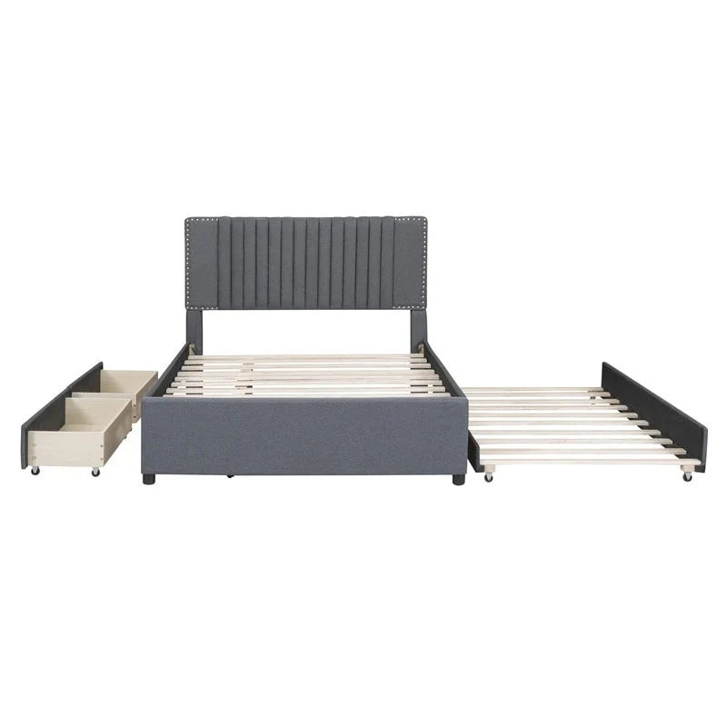 Upholstered Platform Bed with Storage Drawers and Trundle Bed 29