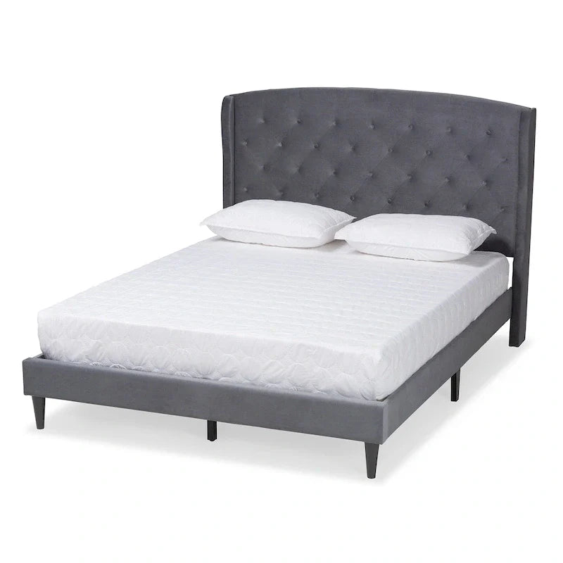 Joanna Modern Velvet Upholstered Platform Bed with Dark Brown Wood Finish 16