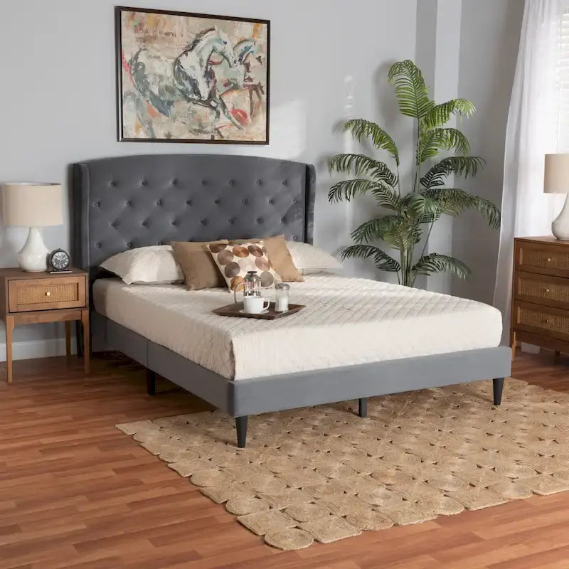Joanna Modern Velvet Upholstered Platform Bed with Dark Brown Wood Finish 1