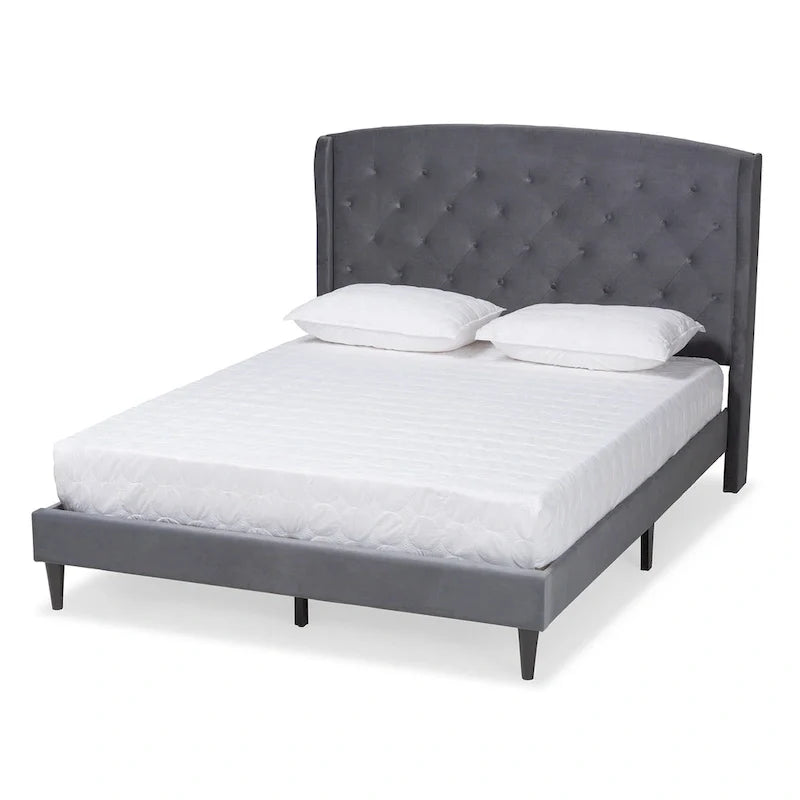 Joanna Modern Velvet Upholstered Platform Bed with Dark Brown Wood Finish 2