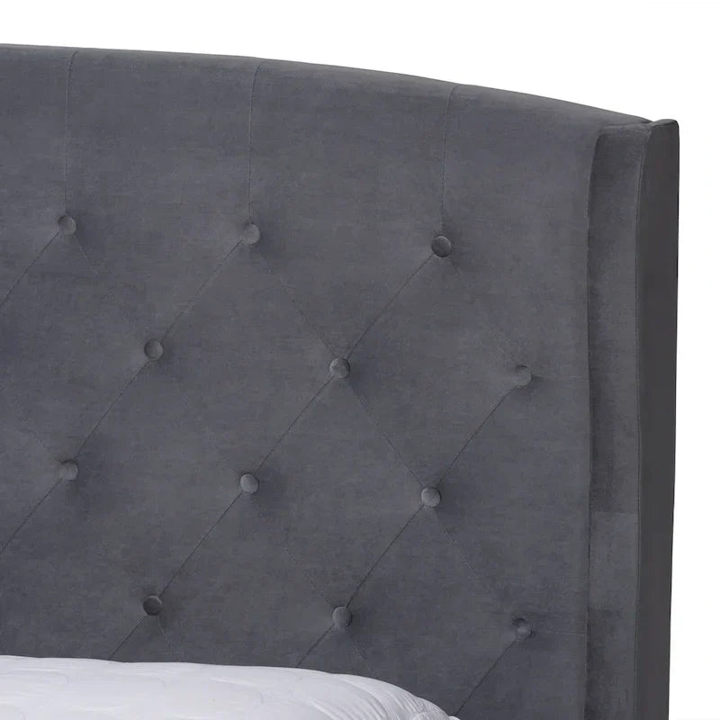 Joanna Modern Velvet Upholstered Platform Bed with Dark Brown Wood Finish 5