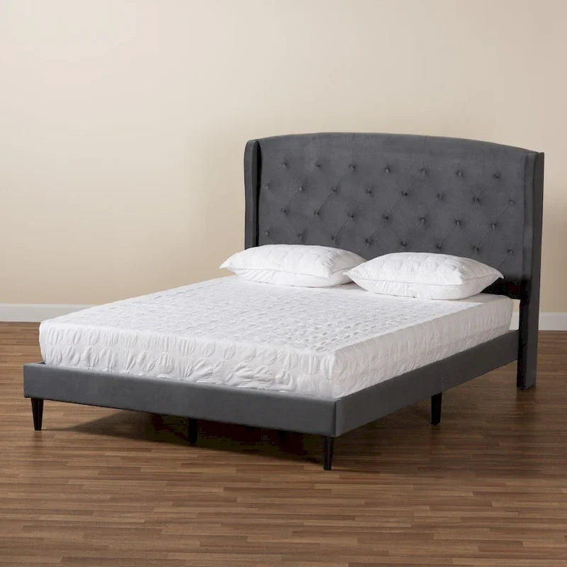 Joanna Modern Velvet Upholstered Platform Bed with Dark Brown Wood Finish 9
