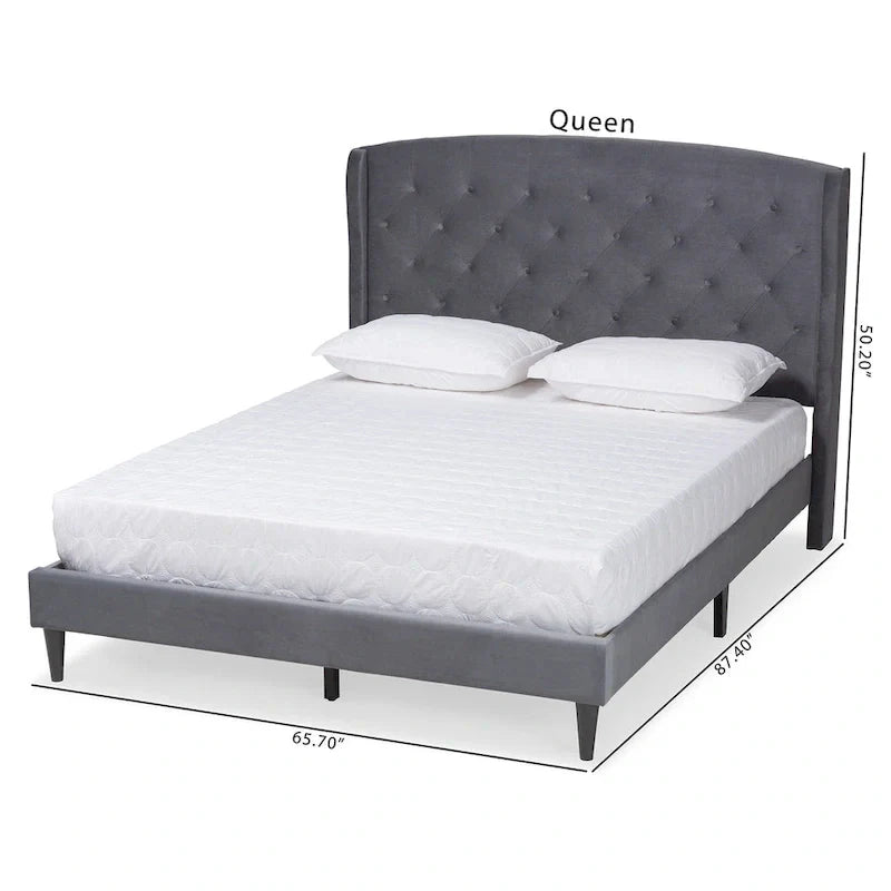 Joanna Modern Velvet Upholstered Platform Bed with Dark Brown Wood Finish 10