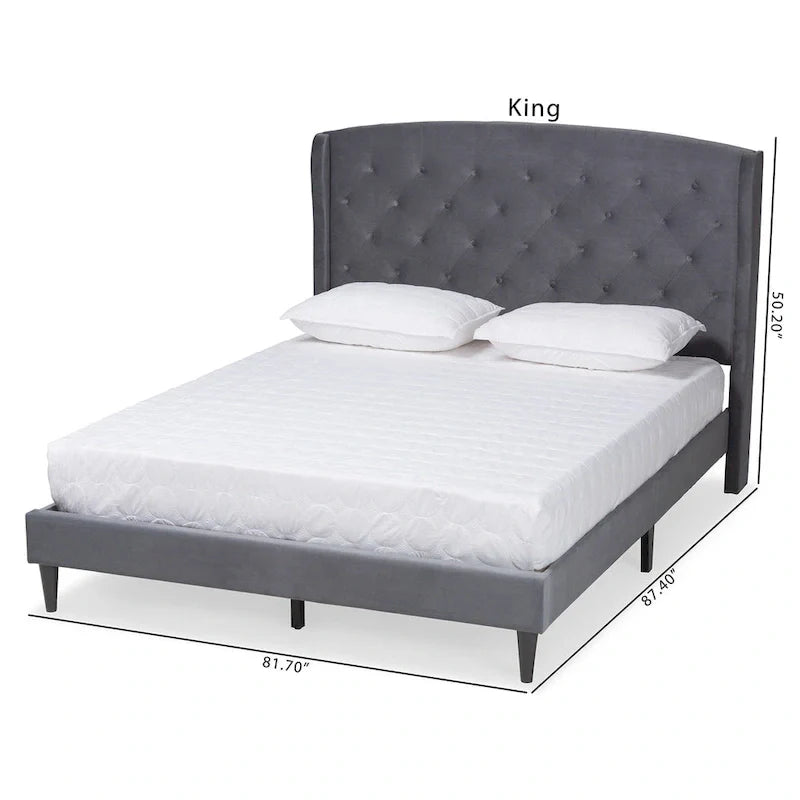 Joanna Modern Velvet Upholstered Platform Bed with Dark Brown Wood Finish 11