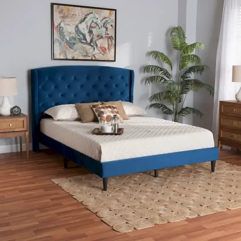 Joanna Modern Velvet Upholstered Platform Bed with Dark Brown Wood Finish 12