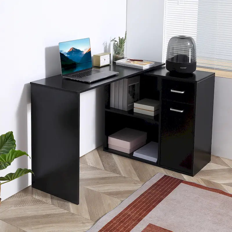 HOMCOM L-Shaped Corner Computer Desk with Rotating Storage Shelves and Drawer for Home and Office Workspaces 17