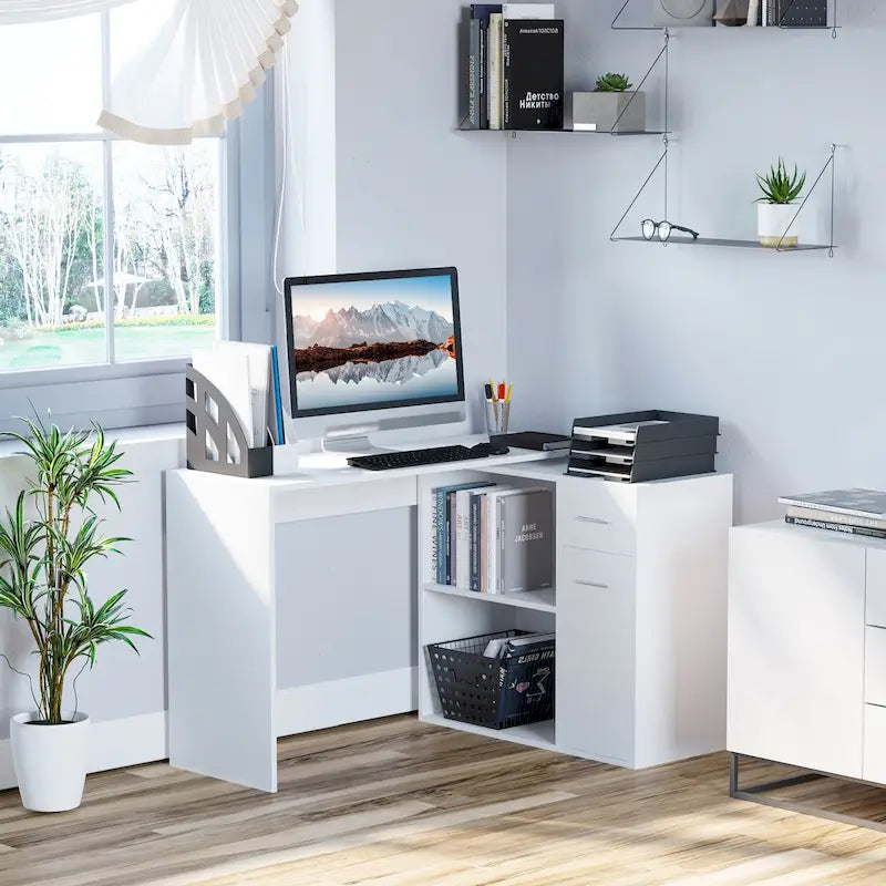 HOMCOM L-Shaped Corner Computer Desk with Rotating Storage Shelves and Drawer for Home and Office Workspaces 18