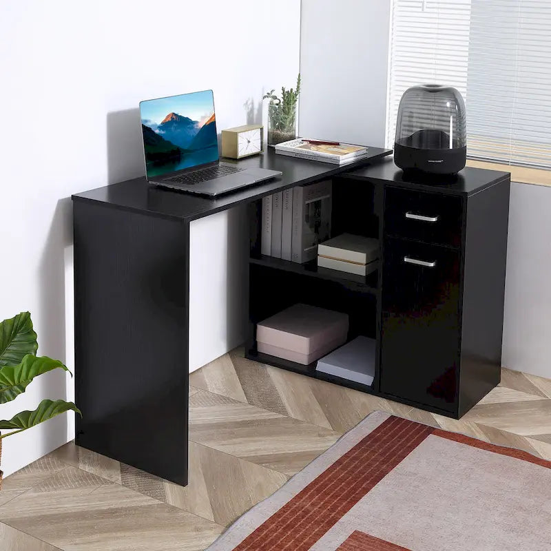 HOMCOM L-Shaped Corner Computer Desk with Rotating Storage Shelves and Drawer for Home and Office Workspaces 1