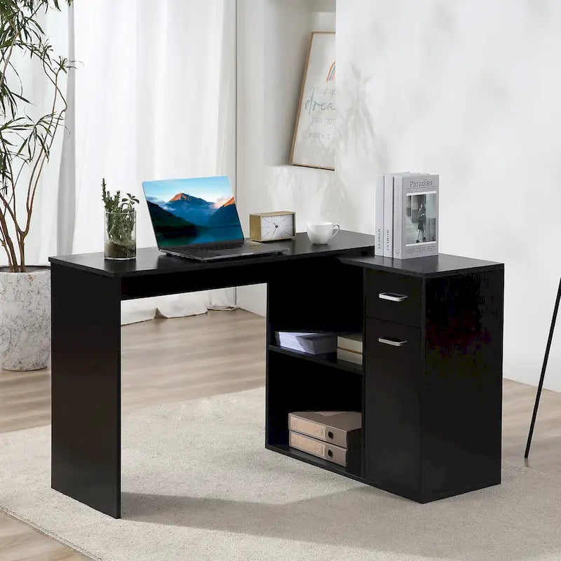 HOMCOM L-Shaped Corner Computer Desk with Rotating Storage Shelves and Drawer for Home and Office Workspaces 3